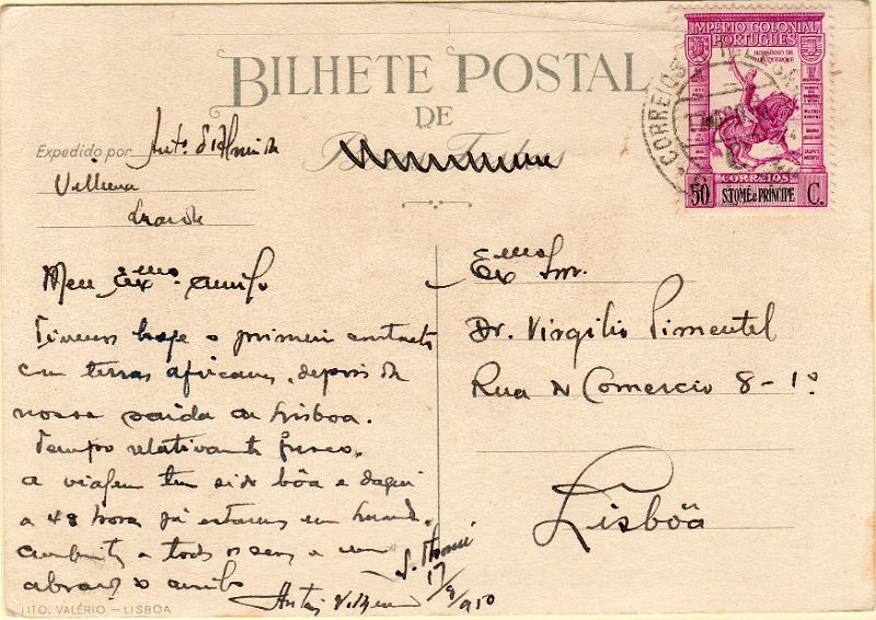 0491 v.jpg -     Lote:    491 (verso)                   Descrição:         1947 &mdash; Boas Festas. Sem selo impresso. Ilustrados no verso com desenhos de Alberto de Sousa. OMVII &mdash; S. TOMÉ E PRÍNCIPE. Circulado de S. Tomé (17.08.50) para Lisboa com selo de 50C império Colonial Português CE306.        IC       Valor Base:     &euro; 28,00     Valor Venda:     &euro;      